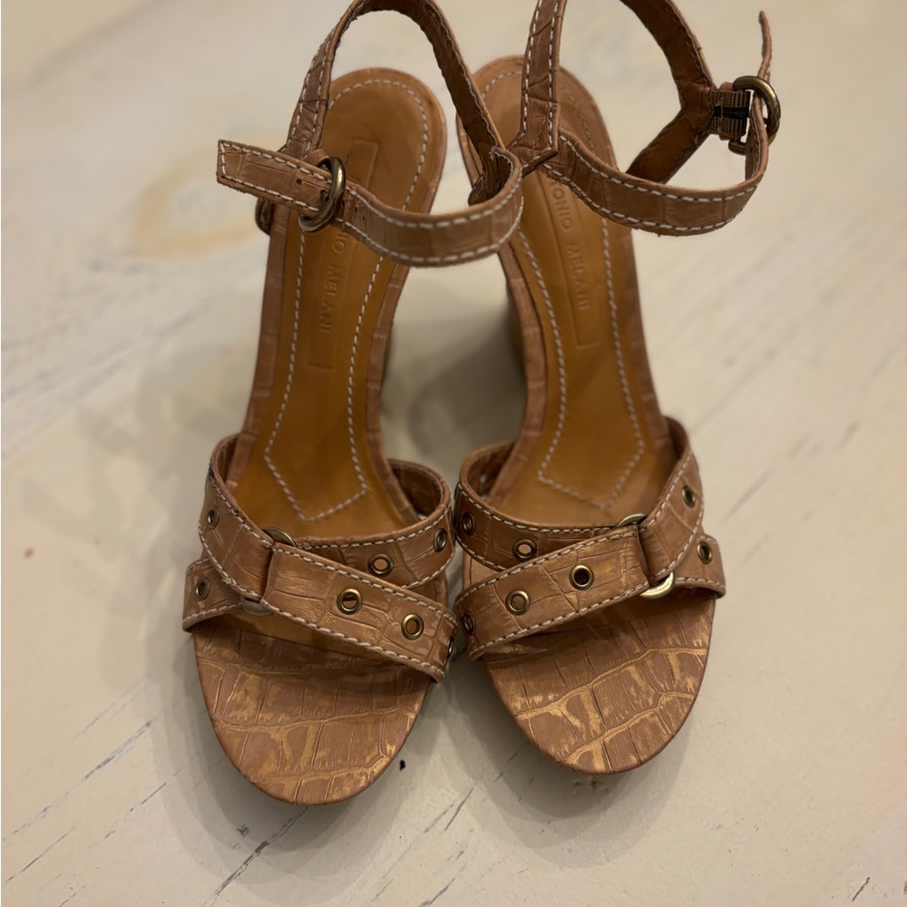 Antonio Melani Tan Brown Leather Sandal Casual Dress Shoe Ankle Strap 7 1/2